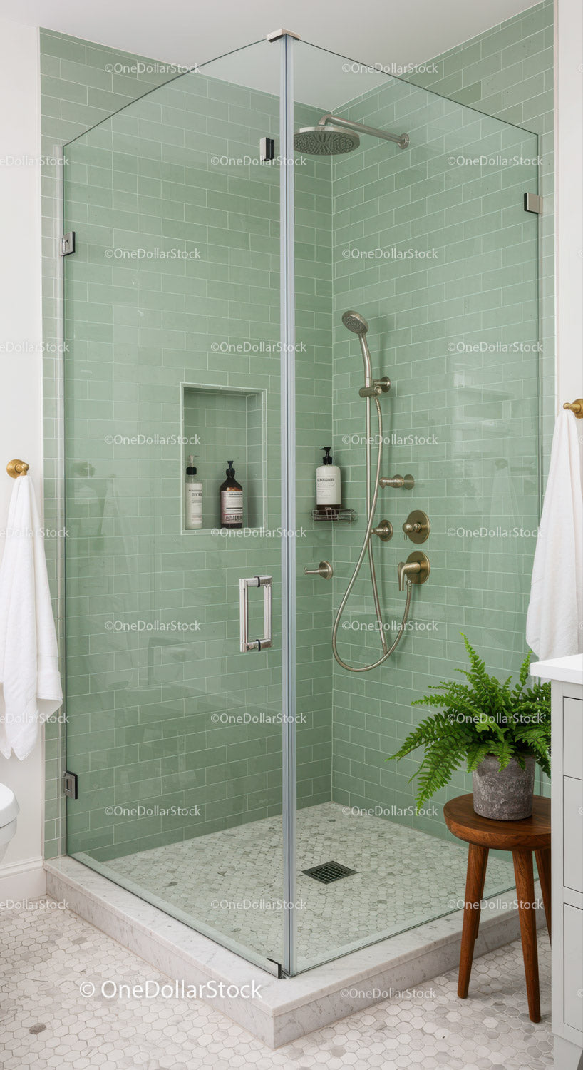 Modern glass shower with green subway tiles and plant