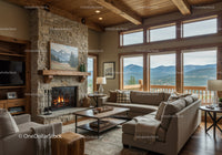 Cozy living room with stone fireplace and mountain view