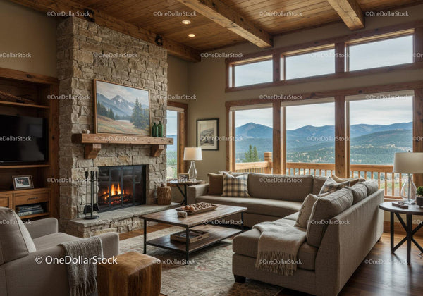 Cozy living room with stone fireplace and mountain view