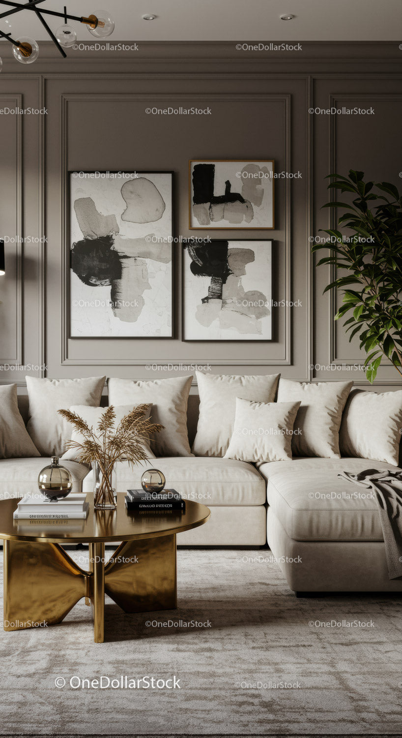 Przytulna beżowa sofa modułowa z abstrakcyjnym wystrojem artystycznym