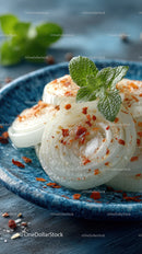 Close-up of Marinated Onion Rings with Mint Garnish on Blue Plate