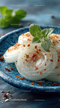 Close-up of Marinated Onion Rings with Mint Garnish on Blue Plate