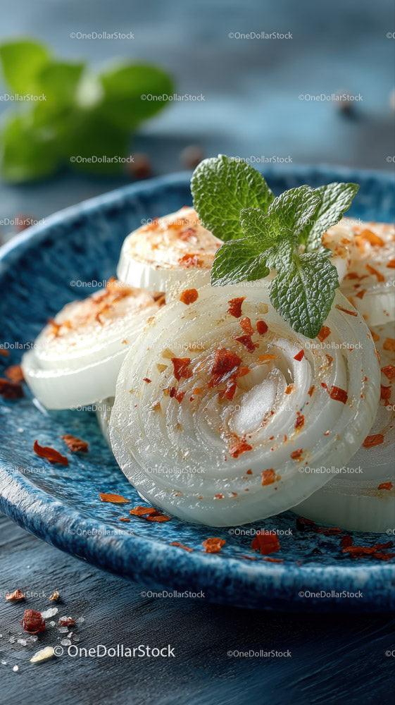 Close-up of Marinated Onion Rings with Mint Garnish on Blue Plate