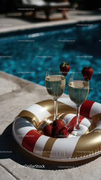 Poolside Champagne Flutes with Strawberries for Summer Celebration