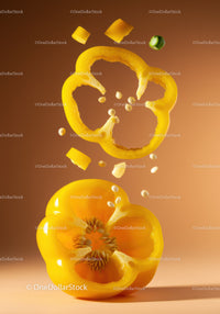 Fresh yellow bell pepper slices floating with seeds