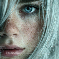 Close Up of Freckled Woman with Bright Blue Eye and Blonde Hair