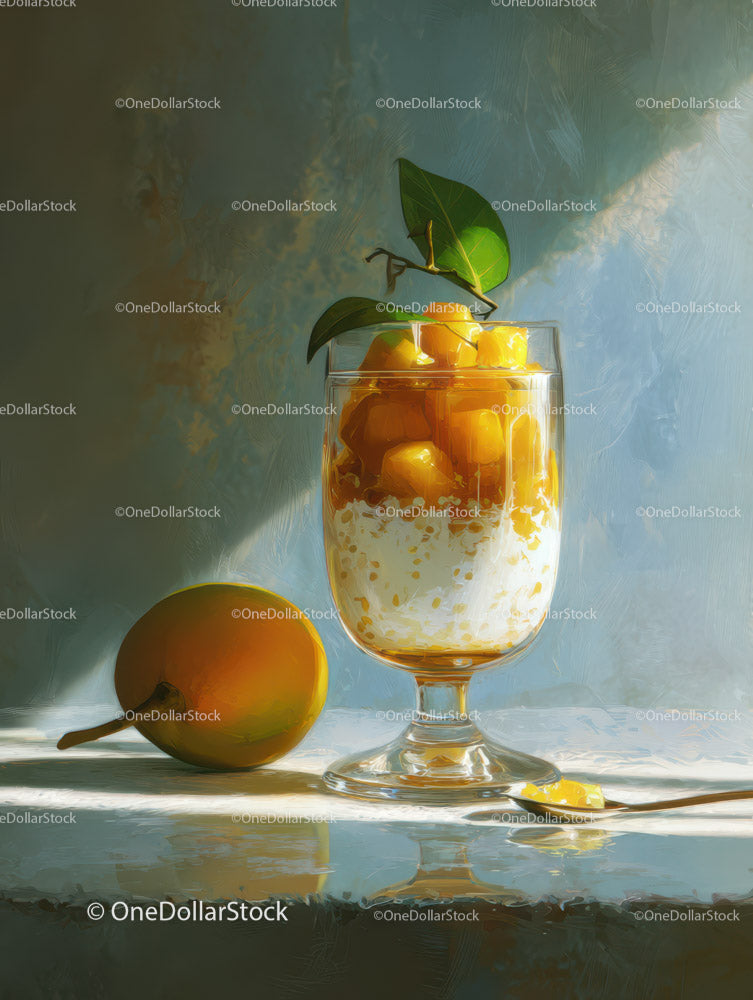 Peach and Ice Cubes in a Transparent Glass with Green Leaf Garnish