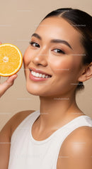 Bright Young Woman Smiling with Orange Slice in Studio Portrait