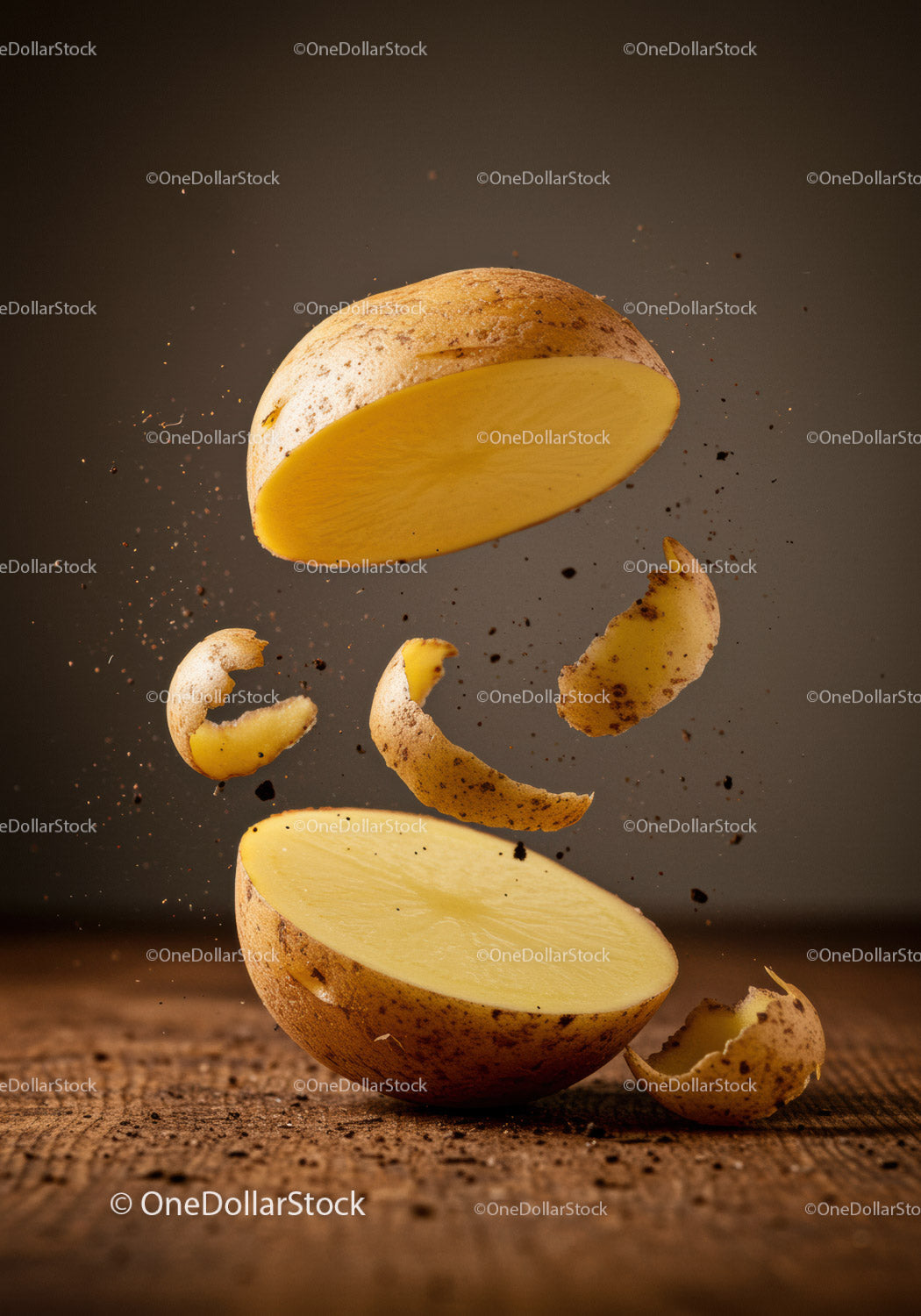 Fresh potato cut in half with peeling in motion