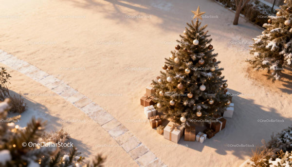 Christmas tree with gifts in snowy garden at sunset