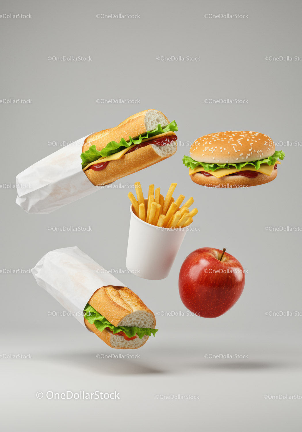 Fresh sandwiches fries and apple on gray background