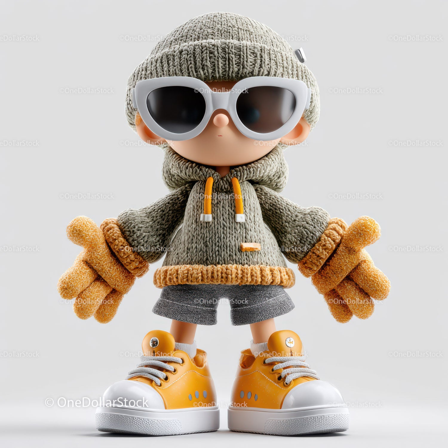 Stylish Toy Doll in Hoodie Sunglasses and Yellow Sneakers