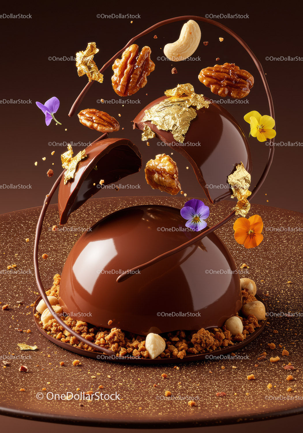 Elegant chocolate dome dessert with nuts and edible flowers