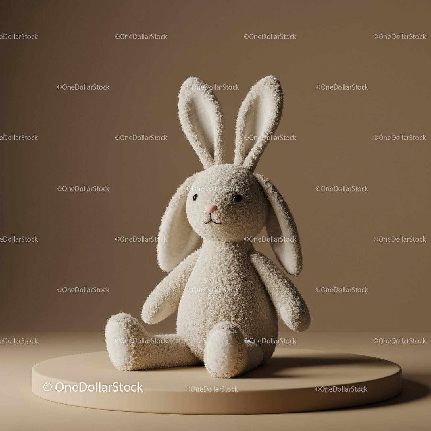 Soft teddy bunny sitting on beige round platform