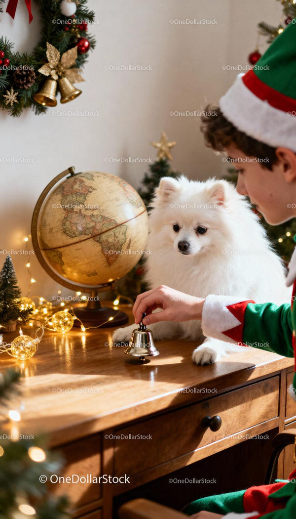 Boy in Elf Costume Ringing Bell Next to Fluffy Dog