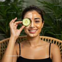 Smiling Woman with Facial Mask Holding Cucumber Slice in Spa Setting