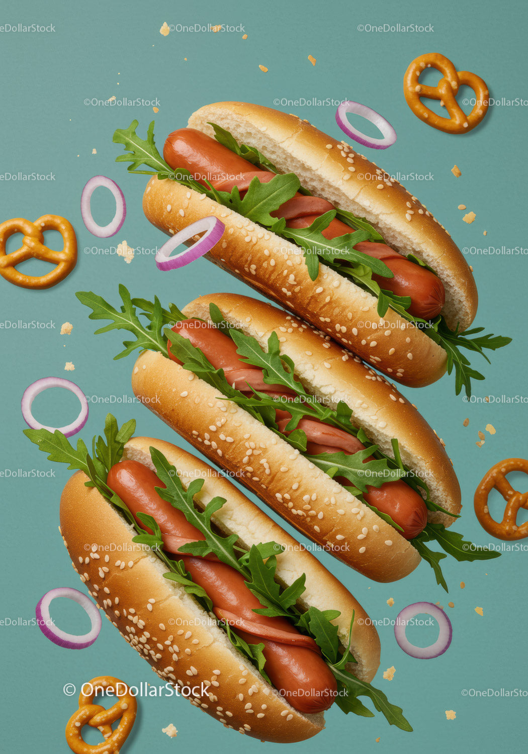 Three Fresh Hot Dogs with Arugula and Onion Rings