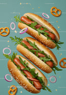 Three Fresh Hot Dogs with Arugula and Onion Rings