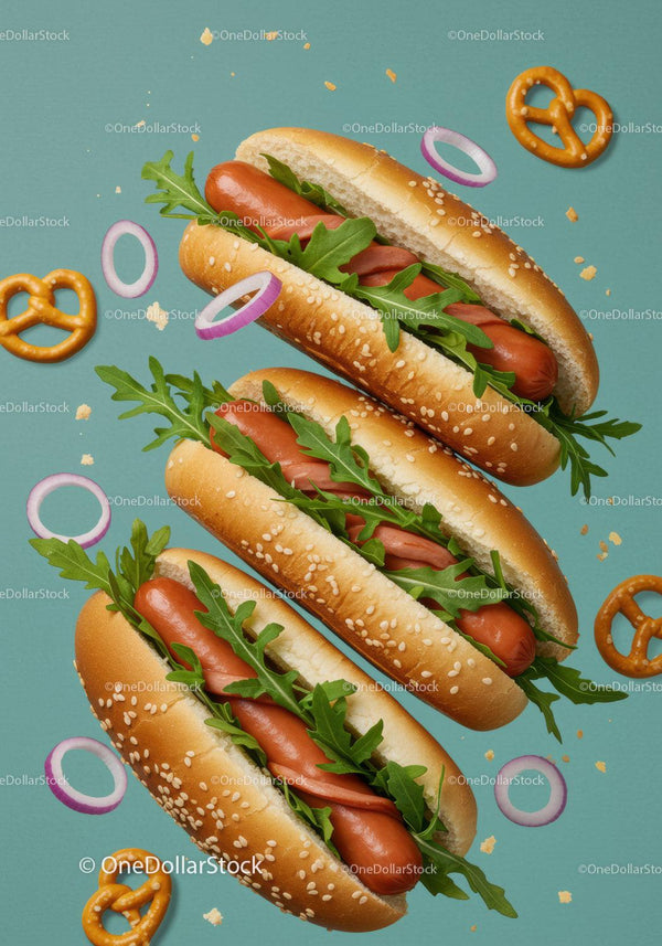 Three Fresh Hot Dogs with Arugula and Onion Rings