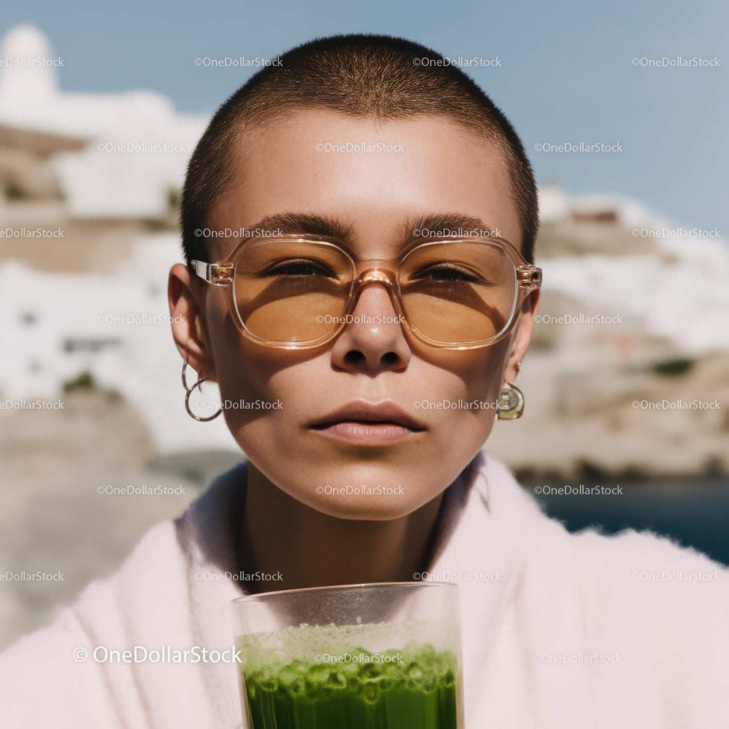 Young Woman with Short Buzz Cut Wearing Sunglasses Holding Green Juice