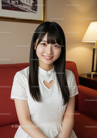 Young Woman Smiling in White Dress Sitting on Red Couch Indoor