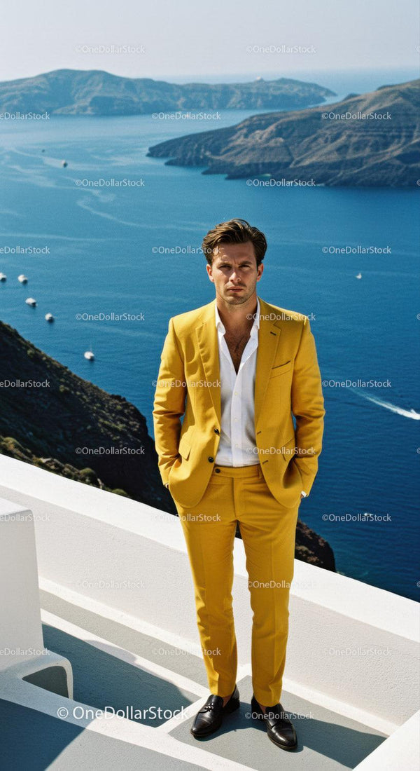 Man in Yellow Suit Posing with Stunning Ocean View
