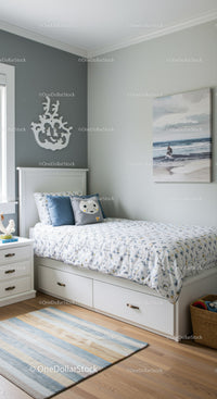 Coastal Themed Children's Bedroom with Ocean Artwork and Nautical Decor