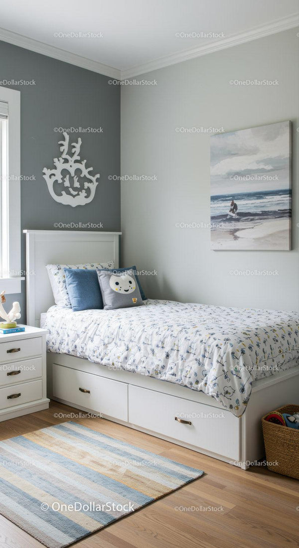 Coastal Themed Children's Bedroom with Ocean Artwork and Nautical Decor