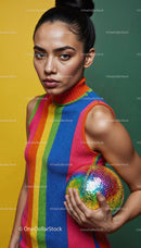 Fashionable Woman in Rainbow Striped Sleeveless Sweater Holding Disco Ball