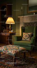 Cozy vintage reading nook with green armchair and patterned ottoman