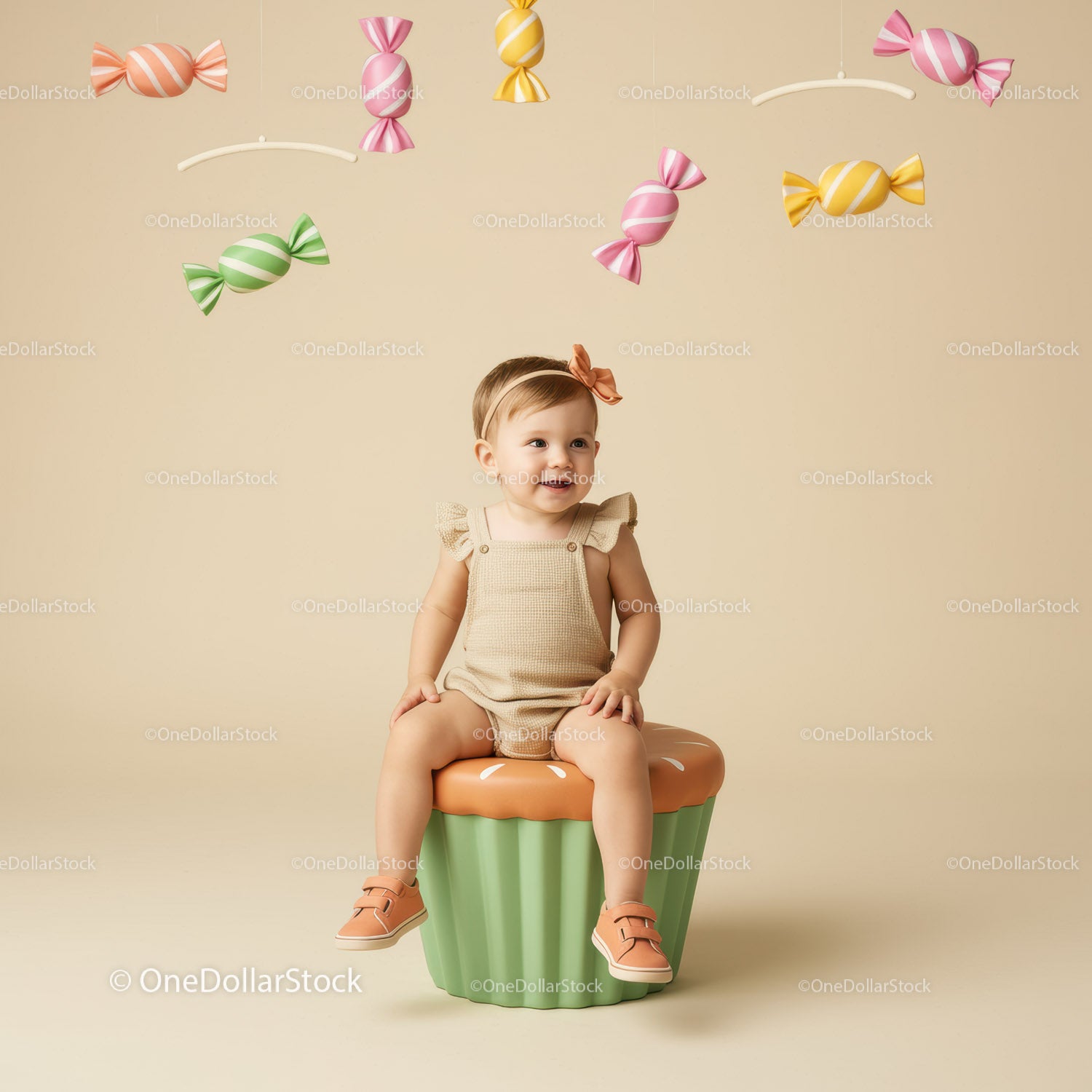 Smiling toddler sitting on cupcake stool with candy decor