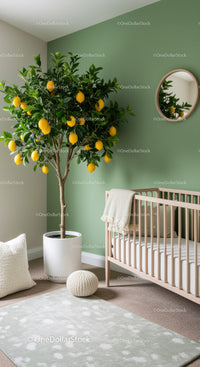 Lemon Tree in a Modern Nursery with Cozy Decor and Green Walls