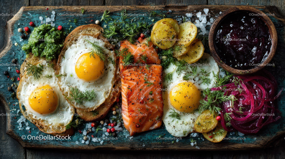 Vibrant Breakfast Platter with Eggs Salmon Potatoes and Veggies