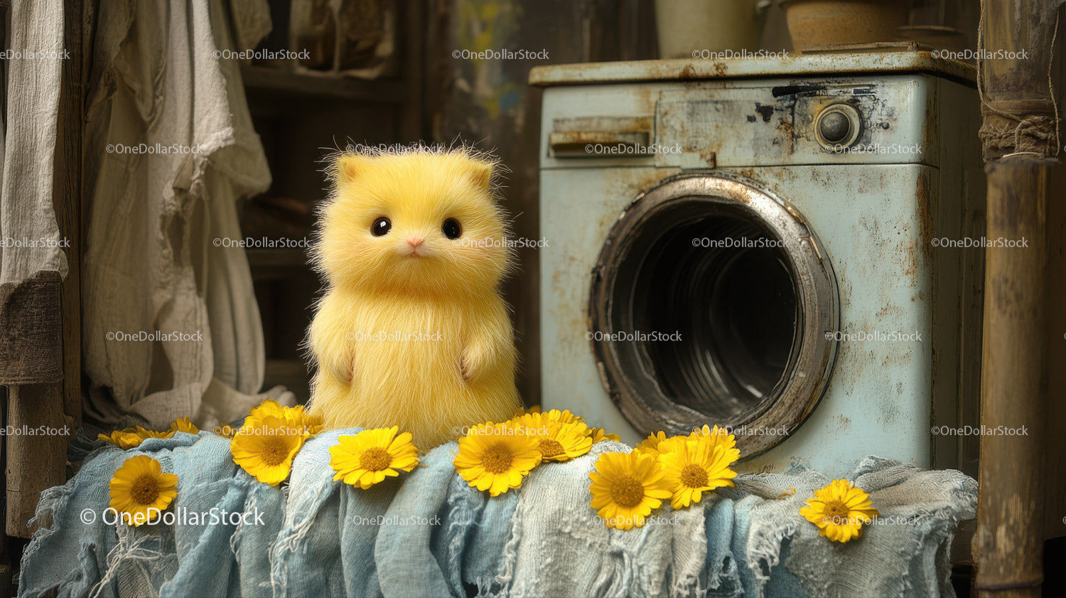 Cute Yellow Kitten with Flowers and Vintage Washing Machine