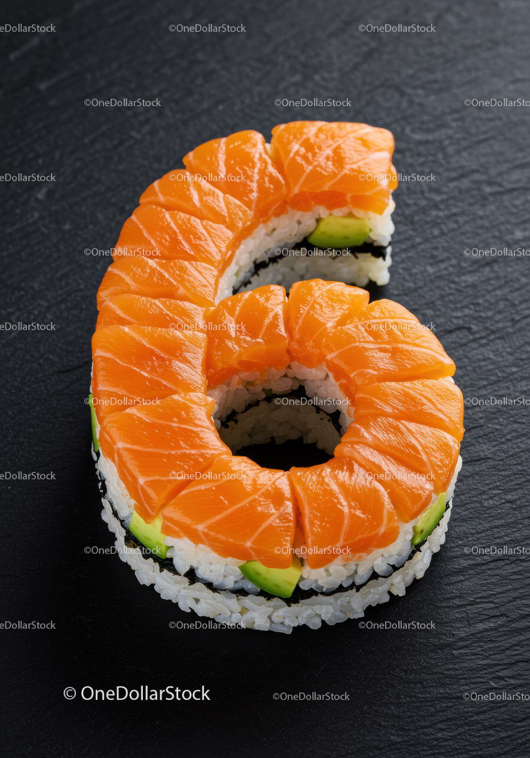 Number six shaped sushi roll with fresh salmon and avocado