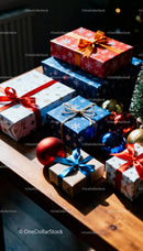 Christmas gifts wrapped in festive paper with ribbons
