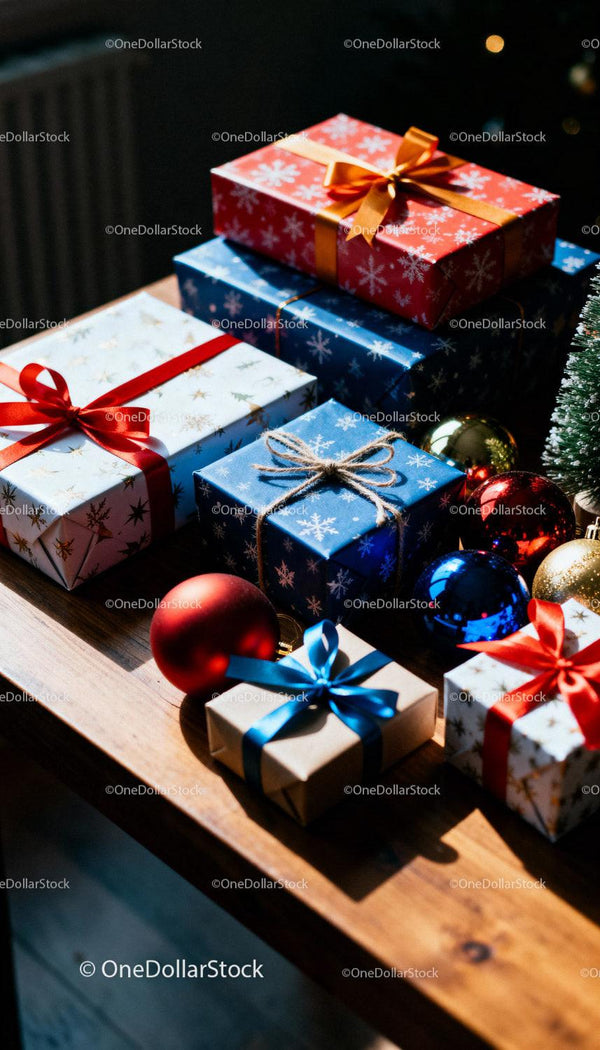 Christmas gifts wrapped in festive paper with ribbons