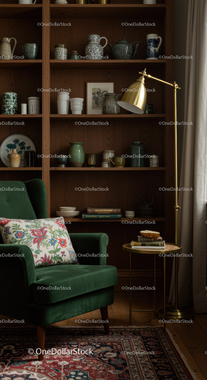Cozy Green Armchair and Vintage Bookshelf Corner