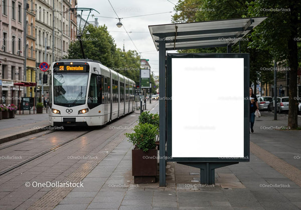 Modern tram arriving at urban bus stop with blank billboard JPG Mockup Image