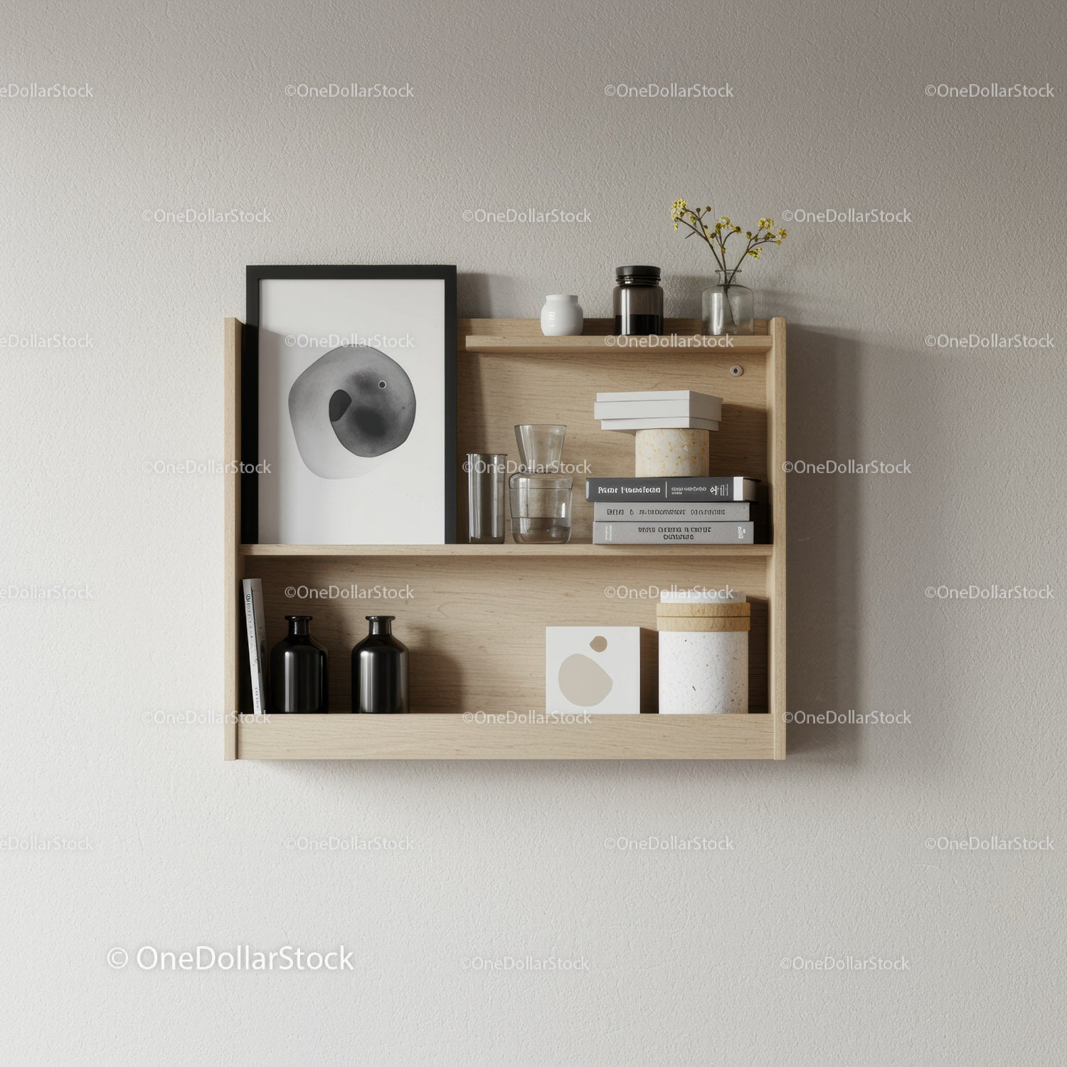 Minimalist Wooden Wall Shelf with Decor and Art in Neutral Tones
