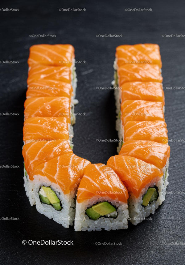 Świeże sushi z łososiem i awokado ułożone w kształt litery U na łupku
