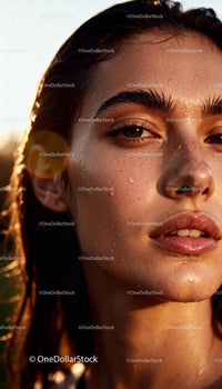 Closeup of woman with fresh dewy skin in golden light