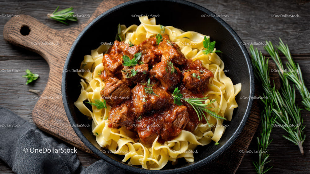 Hearty Beef Stew Over Fresh Pasta in Rustic Black Bowl