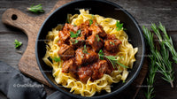 Hearty Beef Stew Over Fresh Pasta in Rustic Black Bowl