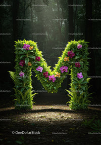 Letter M Formed by Lush Green Plants and Orchids