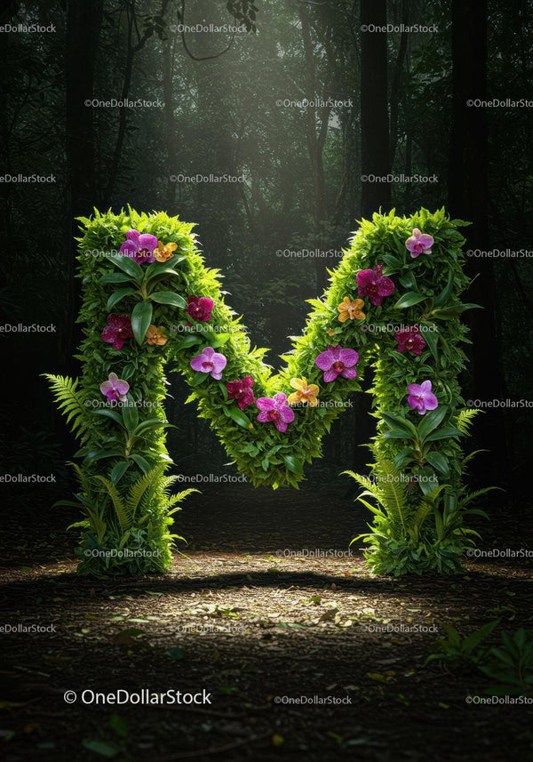 Letter M Formed by Lush Green Plants and Orchids