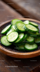 Fresh Cucumber Slices in a Wooden Bowl Ready for Healthy Meal