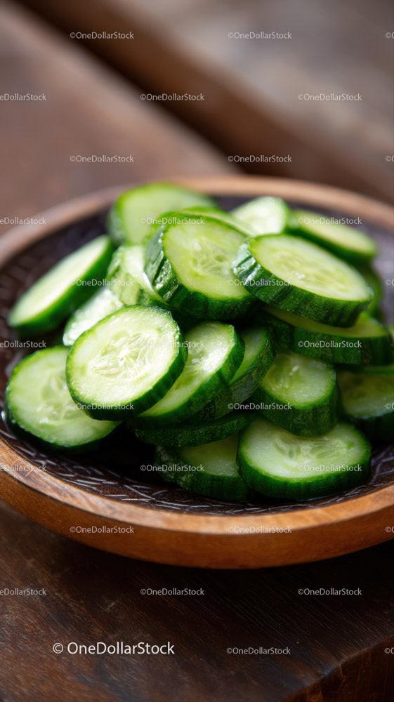 Fresh Cucumber Slices in a Wooden Bowl Ready for Healthy Meal