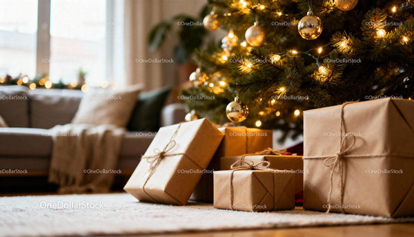 Wrapped gifts under warm glowing Christmas tree lights
