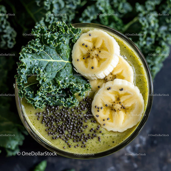 Green Kale and Banana Smoothie with Chia Seeds and Organic Ingredients